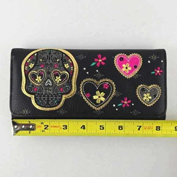 Loungefly Sugar Skull Day of the Dead Trifold Faux Leather Wallet Gold Interior - Picture 14 of 16